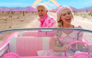 Barbie & Ken drive away in her pink convertible